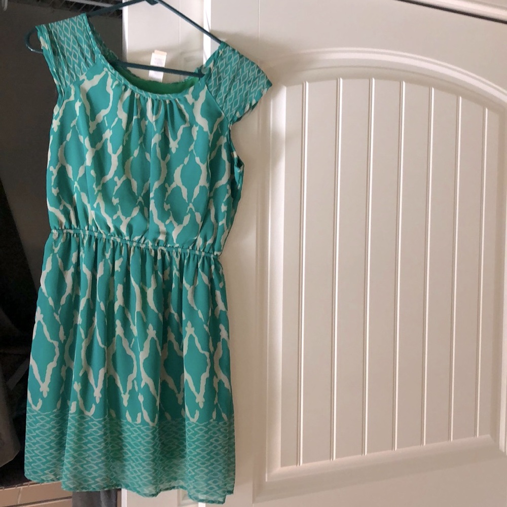 Tealish Green and off white dress